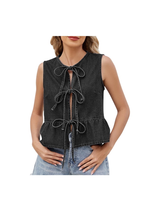 Womens Denim Vest Crew Neck Tie Front Ruffle Hem Y2k Tops Sleeveless Peplum Jean Shirt Outerwear Black, M