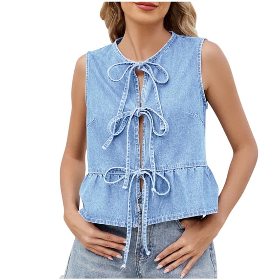 Womens Denim Vest Crew Neck Tie Front Ruffle Hem Y2k Tops Sleeveless Peplum Jean Shirt Outerwear Light Blue, S