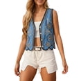 thumbnail image 1 of Womens Denim Vest Embroidered Collar Sleeveless Short Top Summer Casual Outerwear Dark Blue One Size, 1 of 4