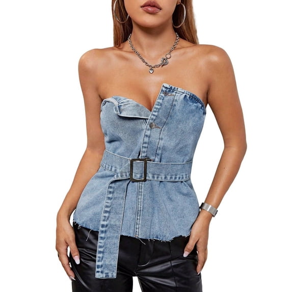 Womens Denim Vest Jean Strapless Tube Tops Summer Button Down Y2k Going Out Fitted Corset Waistcoat Shirts Light Blue S