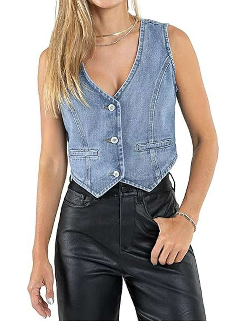 Siren Gaze Gilet in denim senza maniche da donna, stile aderente casual, blu, ca