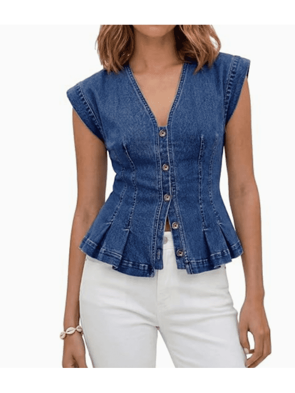 Womens Denim Vest Top Trendy Cap Sleeve Button Down Jean Tank Tops Summer Pleated Western Denim Crop Waistcoat
