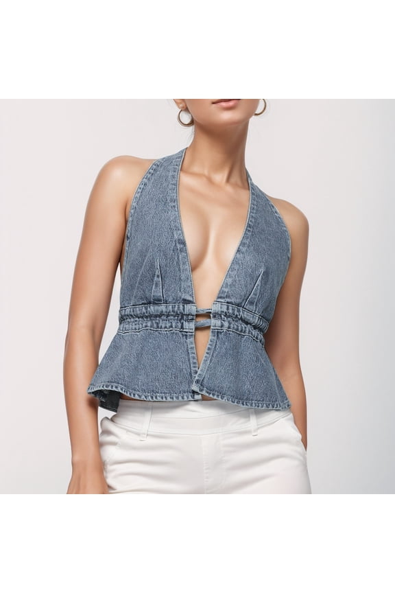 Womens Denim Vest Vintage Sleeveless Backless Tie Back Tank Top Halterneck Jean Vest Top Streetwear Falls Creek Coat Girls Checke Puffy Vest V Neck Belt Plain Outerwear for Women Light Vest for Women