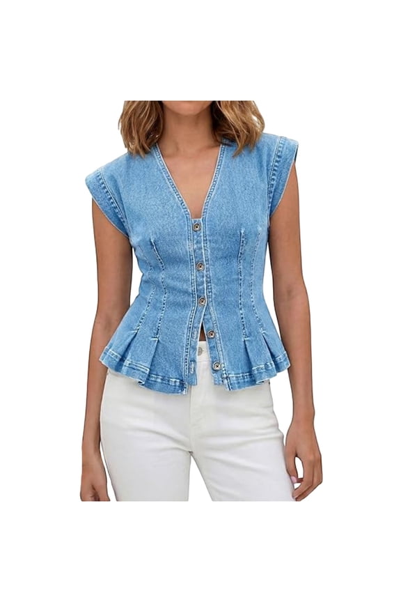 Womens Denim Vests Tops,Cap Sleeve Deep V Neck Button Down Jean Vest Tops For Women Summer Crop Waistcoat Blue L
