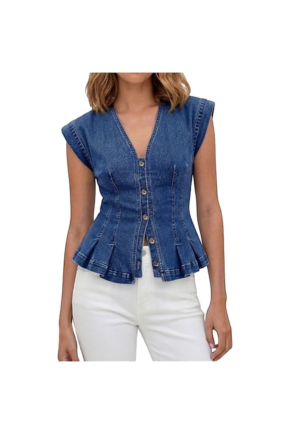 Womens Denim Vests Tops,Denim Tunic Tops For Women Womens Vest Top Jeans Vest Top For Women Fitted Pleated Summer Trendy Jean Tank Top Blue L