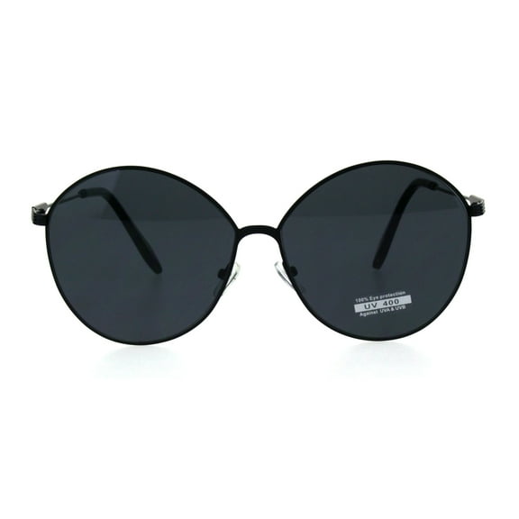 Womens Designer Fashion Metal Rim Large Round Diva Sunglasses All Black