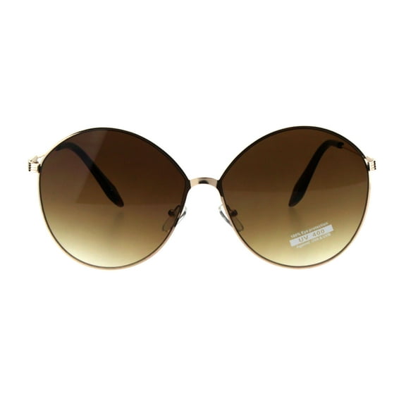 Womens Designer Fashion Metal Rim Large Round Diva Sunglasses Gold Brown