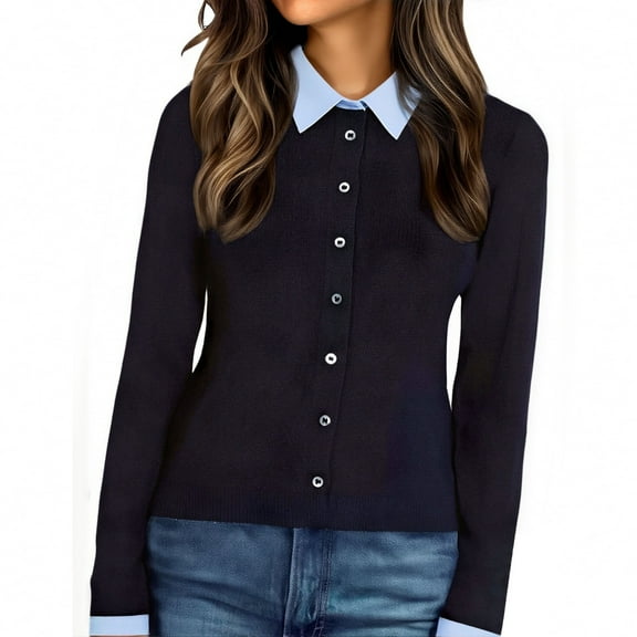 Womens Detachable Collared Knited Shirts, Tunic Slim Fitted Button down Blouses Casual Tops, Dressy Work Shirts