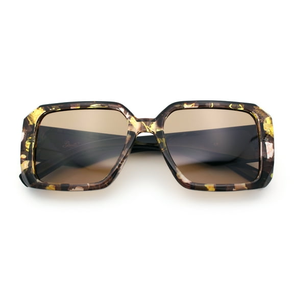 Womens Diamond Bevel Rectangle Classy Plastic Designer Fashion Sunglasses [Flower Black - Brown]