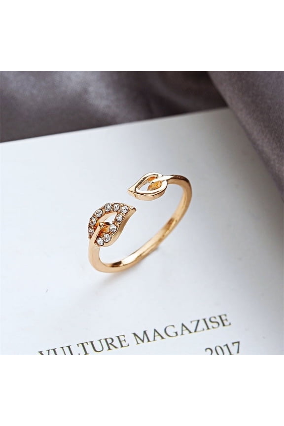 Womens Diamond Fashion Ring: Alloy Metal Leaf Shaped Rhinestone Rings, Sparkling Crystal Jewelry Gift