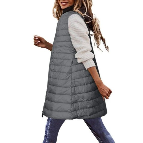 Womens Diamond Quilted Padded Long Sleeveless Jacket Funnel Neck Outerwear Ladies Waistcoat Gilet Longline Coat Bodywarmer without Vest Adjustable Waist Sale Clearance