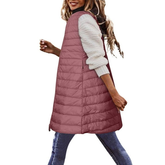 Womens Diamond Quilted Padded Long Sleeveless Jacket Funnel Neck Outerwear Ladies Waistcoat Gilet Longline Coat Bodywarmer without Vest Adjustable Waist Clearance