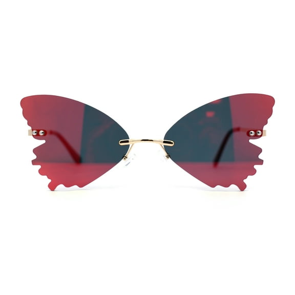 Womens Die Cut Butterfly Shape Rimless Funky Party Sunglasses Gold Red Mirror