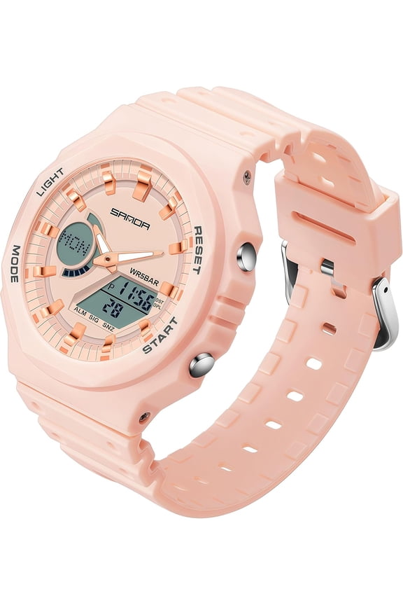 Womens Digital Sports Watch 5ATM Waterproof Watch LED Light Large Face Analog Multifunctional Wrist Watches with Alarm Stopwatch Calendar Hourly Chime
