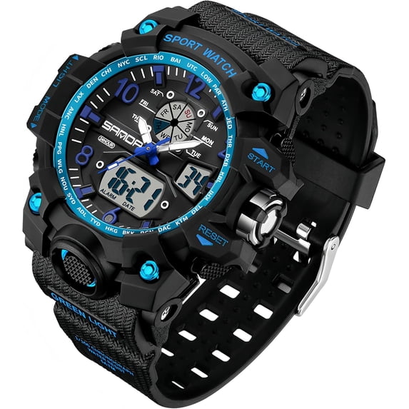 Womens Digital Sports Watch 5ATM Waterproof Watch LED Light Large Face Analog Multifunctional Wrist Watches with Alarm Stopwatch Calendar Hourly Chime