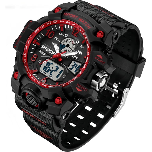 Womens Digital Sports Watch 5ATM Waterproof Watch LED Light Large Face Analog Multifunctional Wrist Watches with Alarm Stopwatch Calendar Hourly Chime