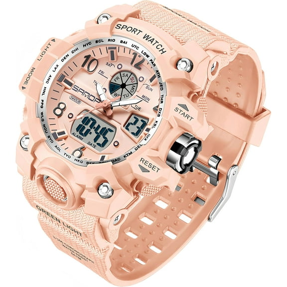 Womens Digital Sports Watch 5ATM Waterproof Watch LED Light Large Face Analog Multifunctional Wrist Watches with Alarm Stopwatch Calendar Hourly Chime