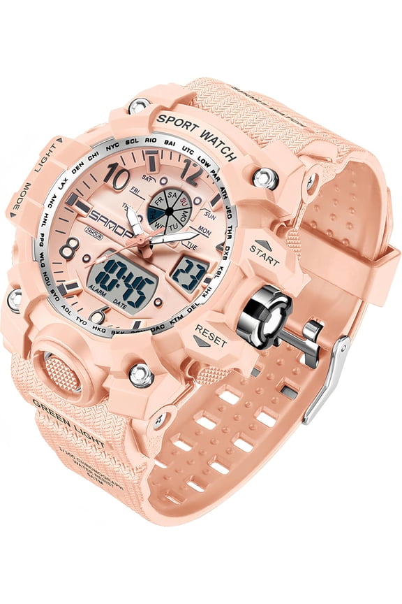 Womens Digital Sports Watch 5ATM Waterproof Watch LED Light Large Face Analog Multifunctional Wrist Watches with Alarm Stopwatch Calendar Hourly Chime