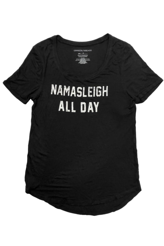 Womens Distressed Black Namasleigh All Day Namaste Christmas Holiday Shirt L