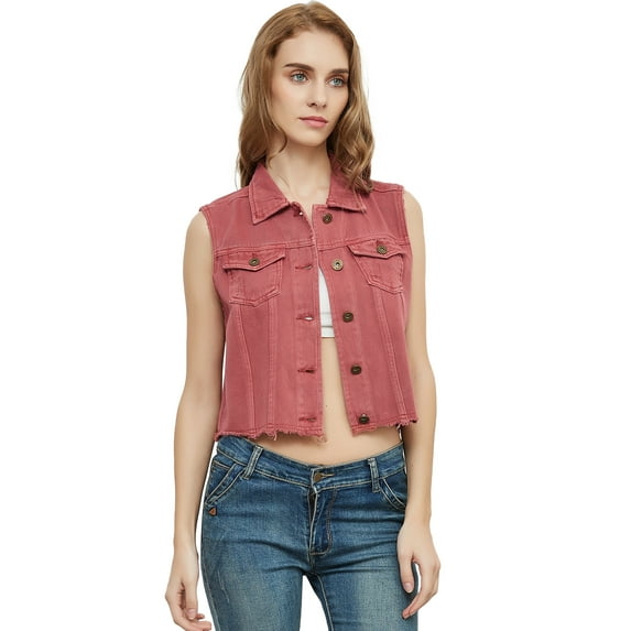 Womens Distressed Denim Button Up Sleeveless Crop Vest, Red, Large