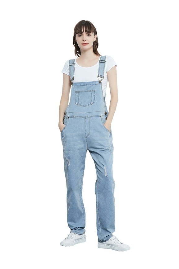 Womens Distressed Denim Overalls with Tapered Leg and Pockets,Blue,Small