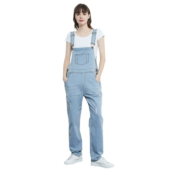 Womens Distressed Denim Overalls with Tapered Leg and Pockets,Blue,Small