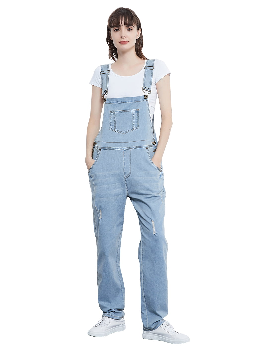 Womens Distressed Denim Overalls with Tapered Leg and Pockets,Bule,XX-Large  - Walmart.com