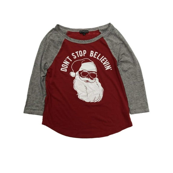 Womens Distressed Don't Stop Believin' Santa Claus Christmas Holiday Shirt L