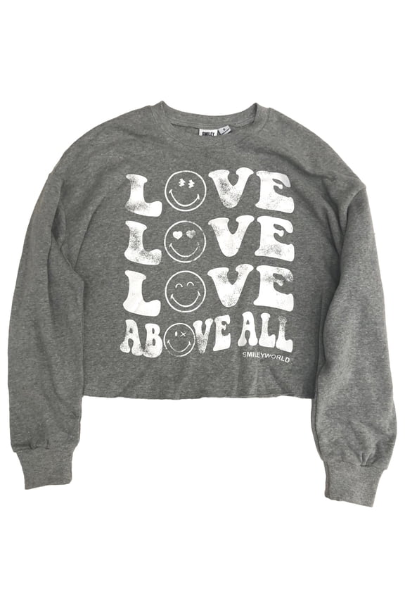 Womens Distressed Gray Semi-Crop Love Smile Sweat Shirt Sweatshirt Large