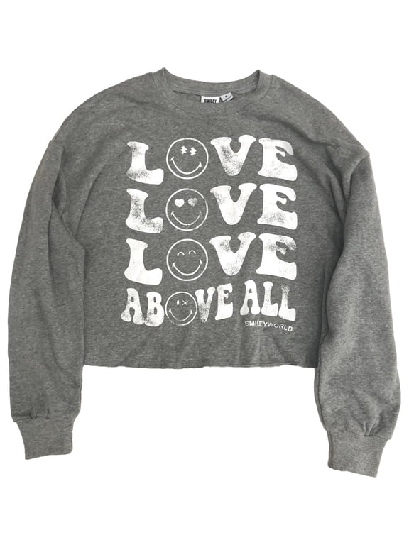 Womens Distressed Gray Semi-Crop Love Smile Sweat Shirt Sweatshirt Medium