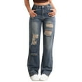 thumbnail image 1 of Womens Distressed Jean Slim Fit Stretch Denim Jeans Mid-Rise Button Jean Long Straight Pants Fly Raw Hem Pants With Side Pockets Com fortable All-Day Wear Casual Lounge Pants, 1 of 9