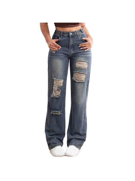 Womens Distressed Jean Slim Fit Stretch Denim Jeans Mid-Rise Button Jean Long Straight Pants Fly Raw Hem Pants With Side Pockets Com fortable All-Day Wear Casual Lounge Pants