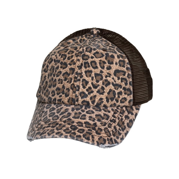 Womens Distressed Leopard Print Cap – Adjustable Trucker Hat with Frayed Bill, Brown