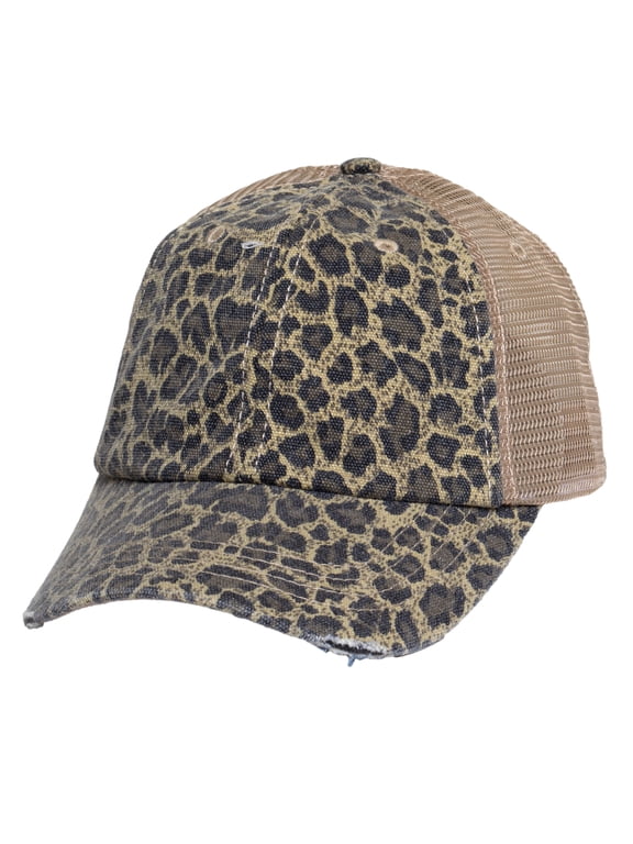 Womens Distressed Leopard Print Cap – Adjustable Trucker Hat with Frayed Bill, Khaki