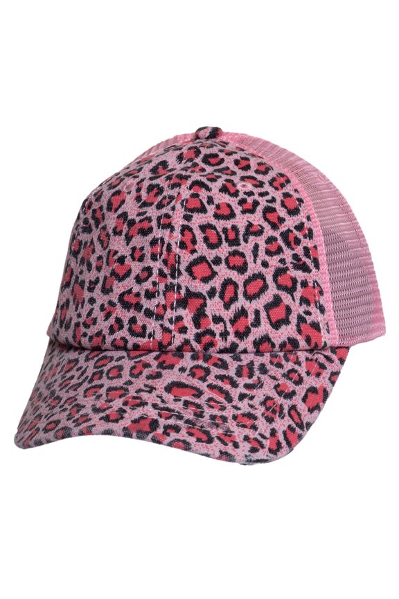 Womens Distressed Leopard Print Cap – Adjustable Trucker Hat with Frayed Bill, Pink
