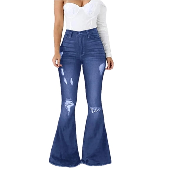 Womens Distressed Raw Hem Flare Jeans Stretchy Denim for Casual Everyday Wear Plus Size Modern Fit Durable Comfortable
