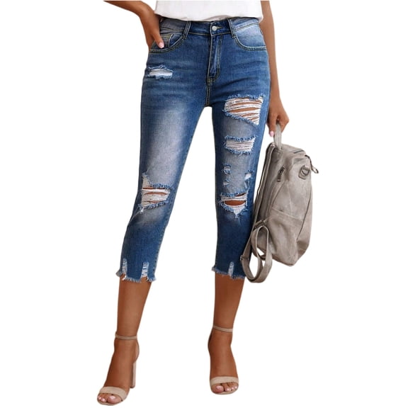 Womens Distressed Ripped Capri Jeans High Waist Frayed Hem Cropped Denim Pants Washed Blue Slim Fit Casual Streetwear Trousers With Pockets Retro Fashion Style Bottoms For Daily Wear