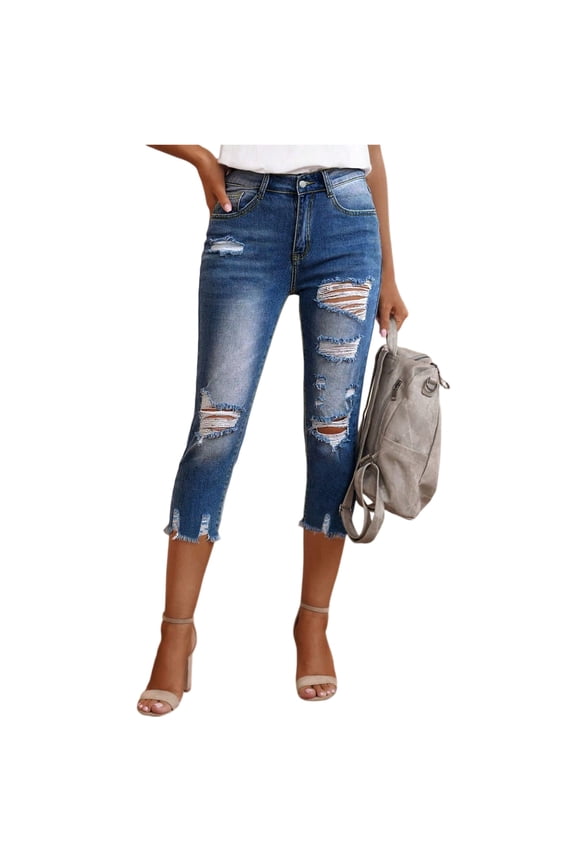 Womens Distressed Ripped Capri Jeans High Waist Frayed Hem Cropped Denim Pants Washed Blue Slim Fit Casual Streetwear Trousers With Pockets Retro Fashion Style Bottoms For Daily Wear