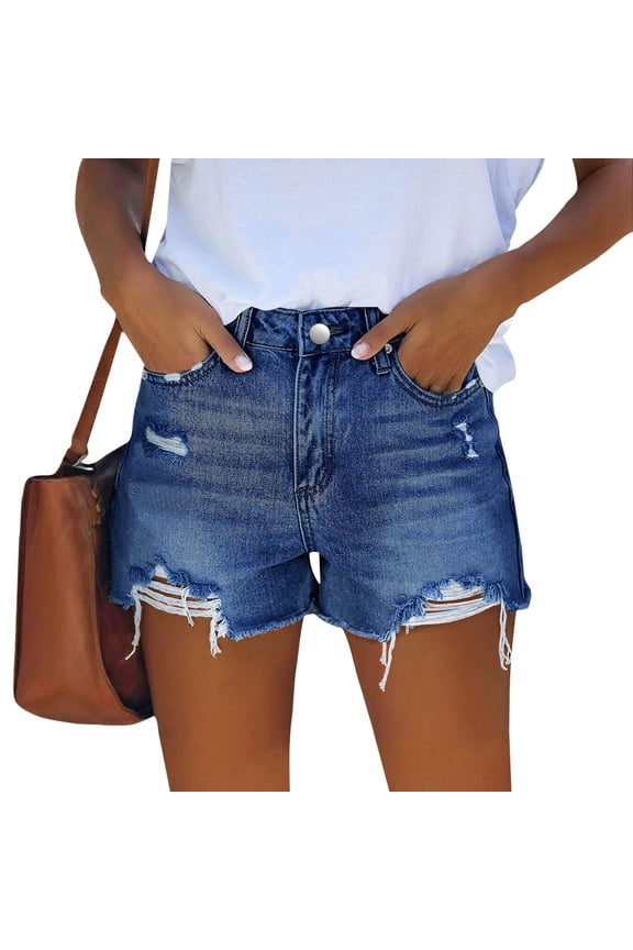 Womens Distressed Ripped Jean Shorts Mid Rise Denim Shorts Junior Stretchy Casual Frayed Hem Hot Summer Jorts,S