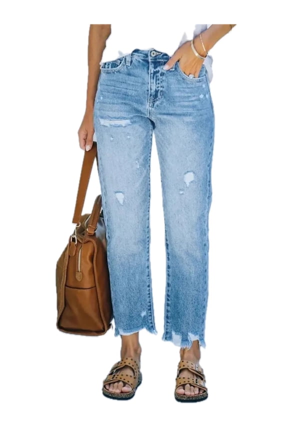 Womens Distressed Straight Leg Jeans with Raw Hem Denim Pants Slightly Stretchy for Casual Everyday Fashion Trendy Look