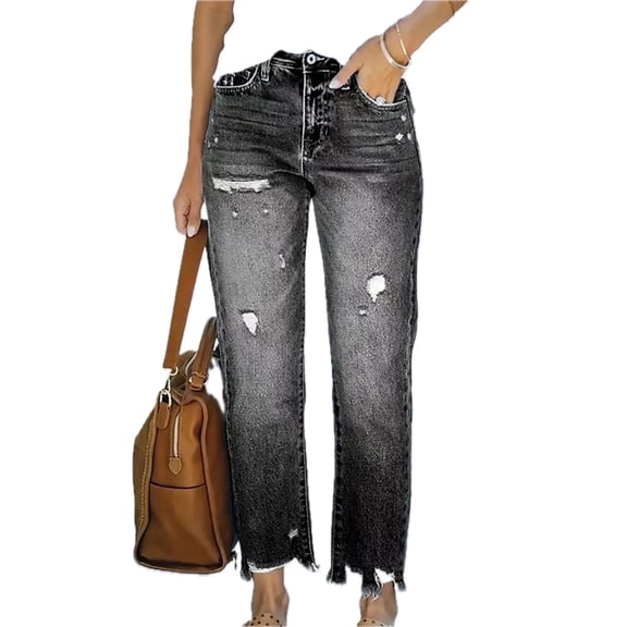 Womens Distressed Straight Leg Jeans with Raw Hem Denim Pants Slightly Stretchy for Casual Everyday Fashion Trendy Look