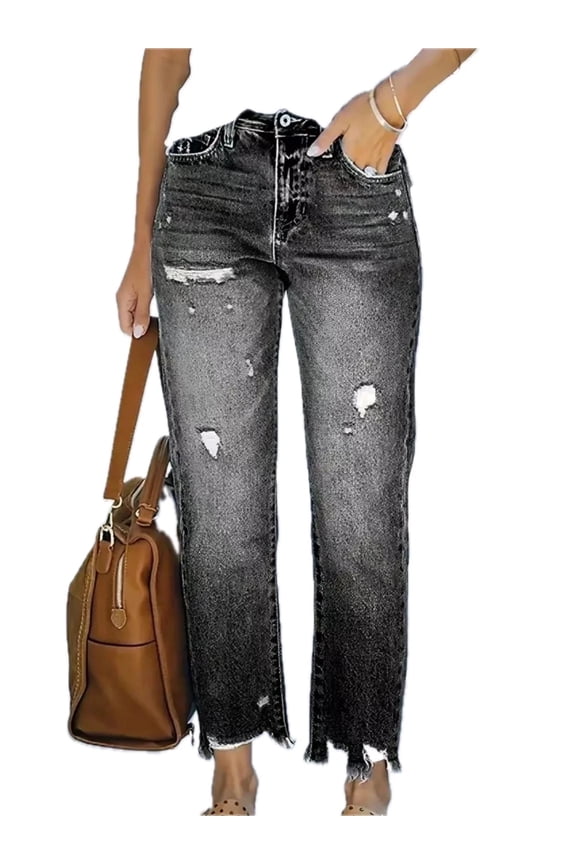 Womens Distressed Straight Leg Jeans with Raw Hem Denim Pants Slightly Stretchy for Casual Everyday Fashion Trendy Look