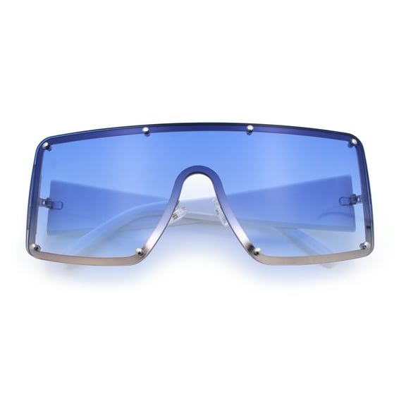 Womens Diva Oversized Shield Metal Rim Rectangle Luxury Sunglasses Gold White - Blue