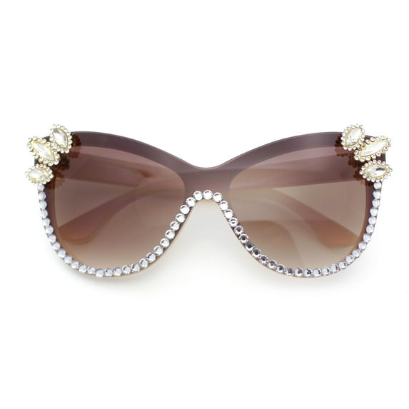 Womens Diva Rhinestone Bling Jewel Oversized Shield Luxe Rimless Sunglasses Ivory - Brown