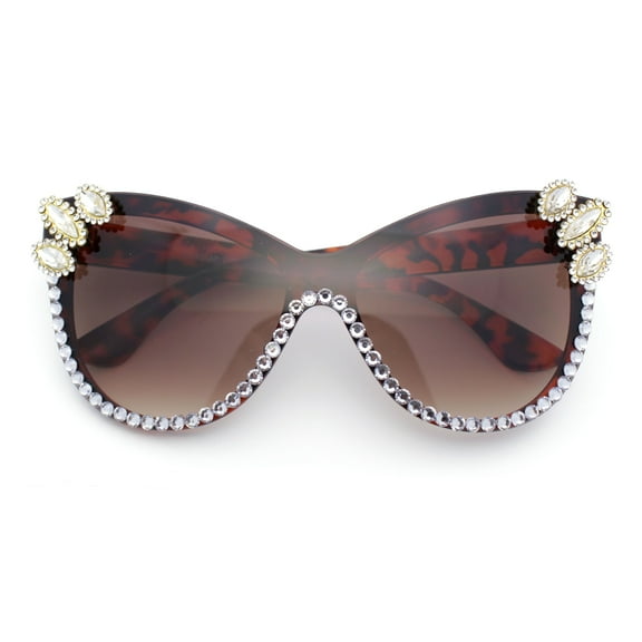 Womens Diva Rhinestone Bling Jewel Oversized Shield Luxe Rimless Sunglasses Tortoise - Brown