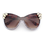 Womens Diva Rhinestone Bling Jewel Oversized Shield Luxe Rimless Sunglasses Tortoise - Brown