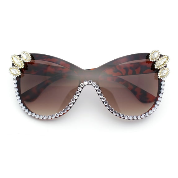 Womens Diva Rhinestone Bling Jewel Oversized Shield Luxe Rimless Sunglasses Tortoise - Brown