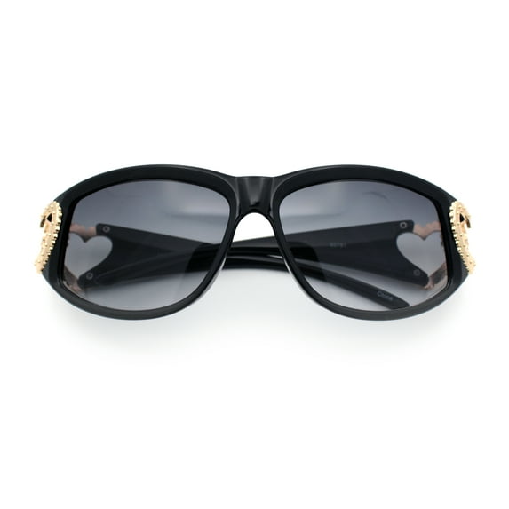 Womens Diva Wrap Around Double Heart Jewel Hinge Plastic Fashion Sunglasses Black Gold - Smoke