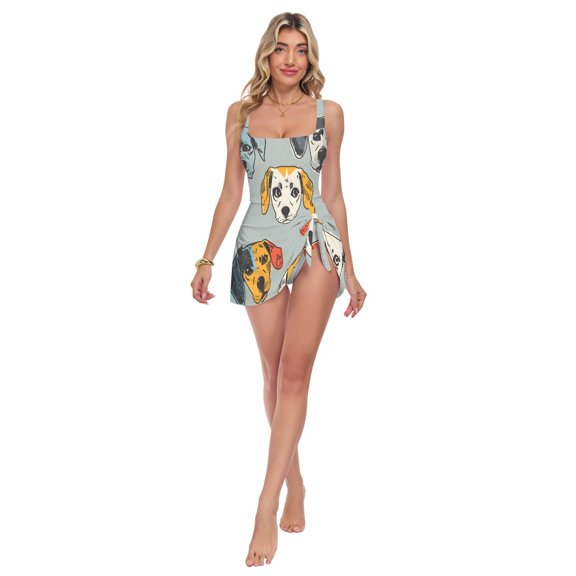 Womens Dog Face Blue Yellow Red Pattern Print 2-in-1 Swim Dress Detachable Skirt One-Piece Swimsuit Square Neck S-XXL