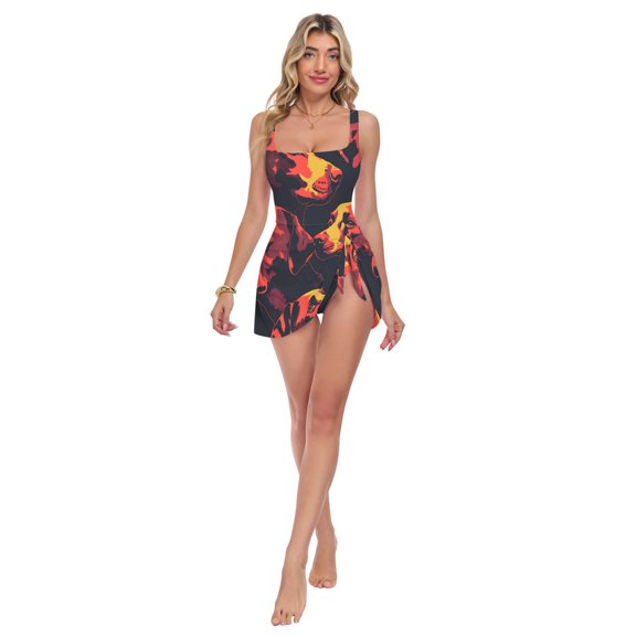 Womens Dog Face Pattern Print 2-in-1 Swim Dress Detachable Skirt One-Piece Swimsuit Square Neck S-XXL